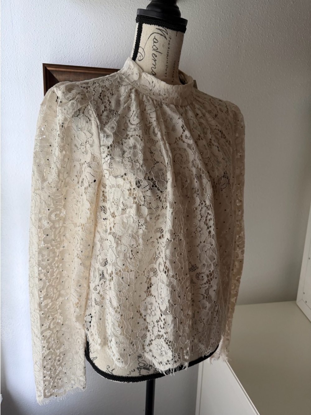 White House Black Market Crystal Lace High -Neck Long-Sleeve Blouse.